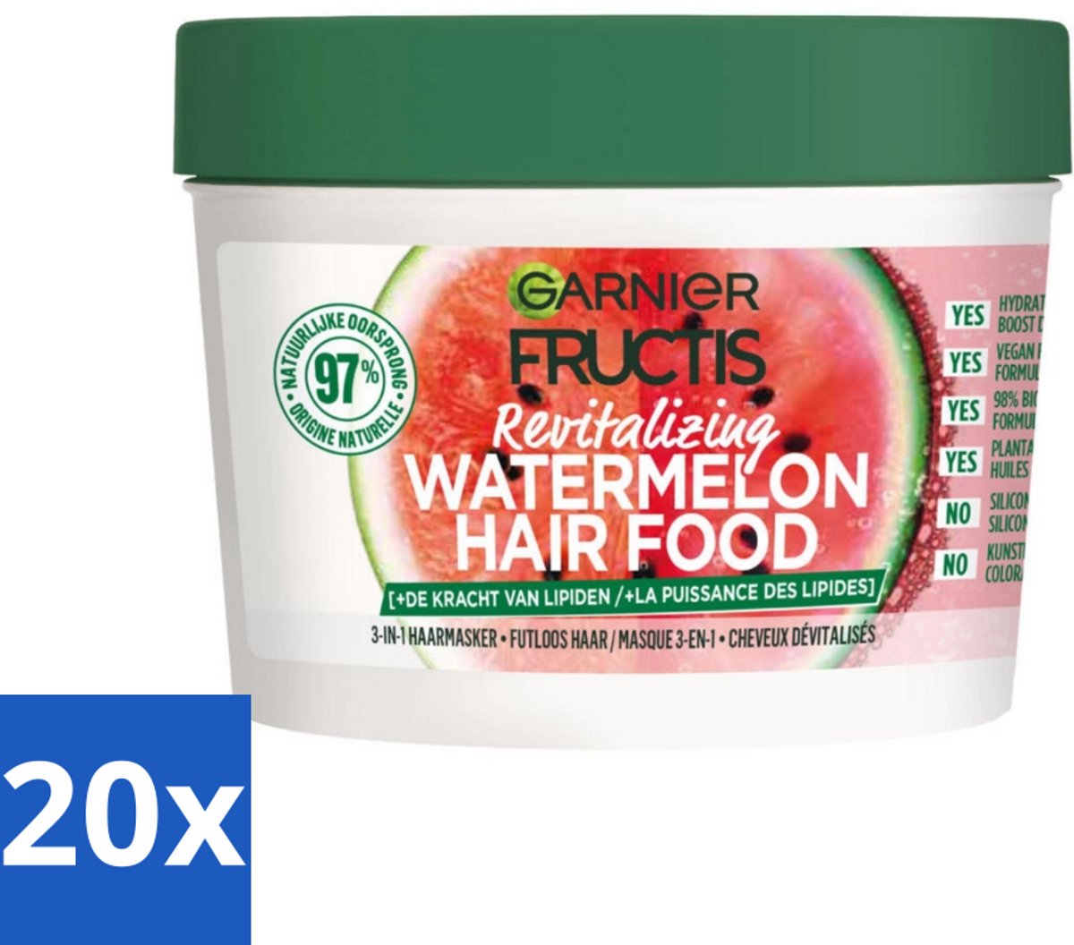 20 x Garnier - Fructis Hair Food Watermelon - 3-in-1 Haarmasker - Futloos Haar - 400 ml - Haarmasker - Futloos Haar - Hydratatie - Watermeloen - 3-in-1