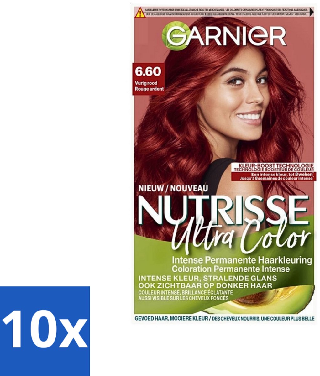 10 x Garnier - Nutrisse Ultra Color 6.60 - Haarkleuring - Vurig Rood - Voedend - Permanente Kleur - Haarverf - Permanent - Rood - Grijsdekking - Voedend