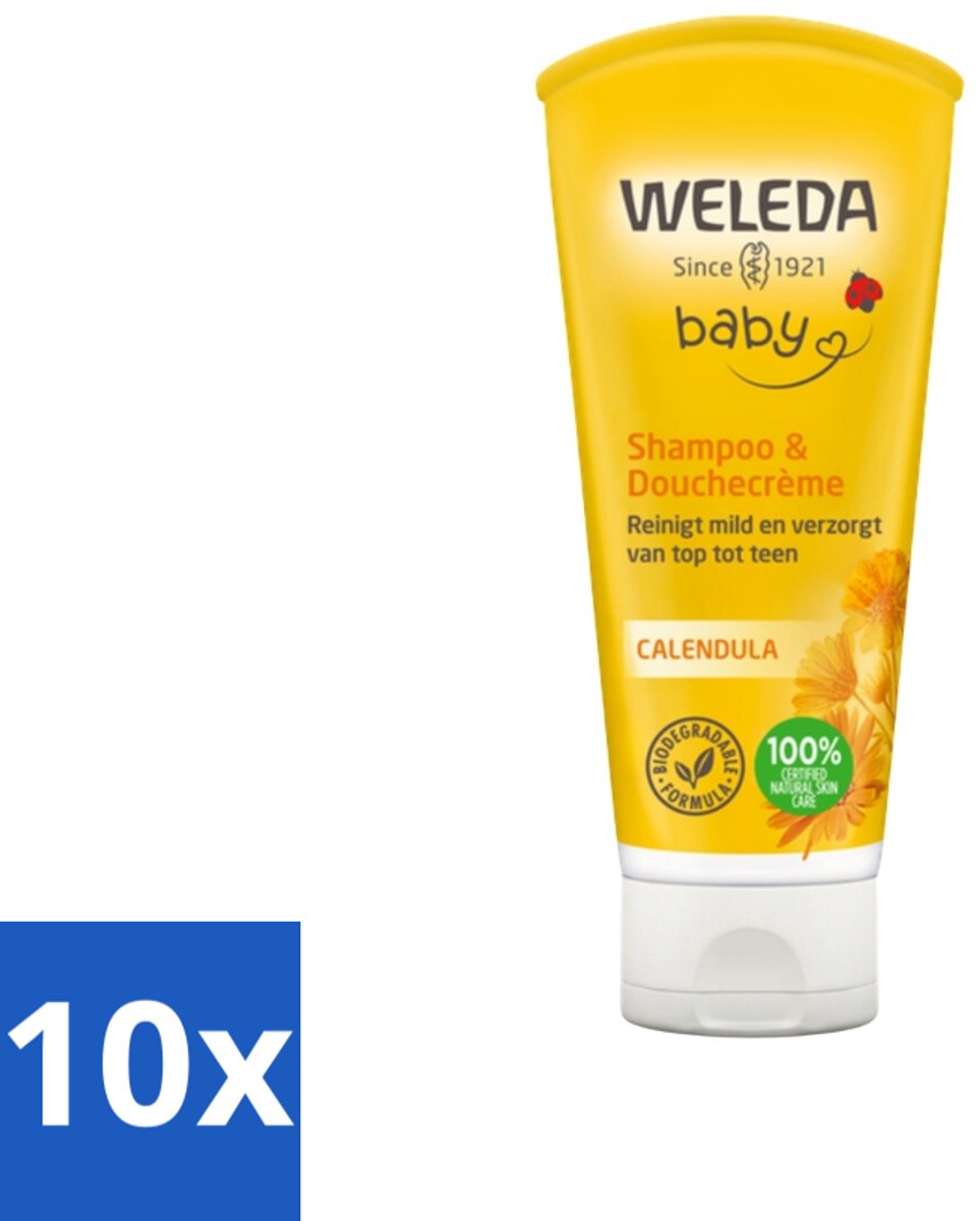 Image of 10 x WELEDA - 2-in-1 Shampoo & Douchecrème - Baby & Kind - Calendula - Voor gevoelige huid - 200 ml - Natuurlijke Babyverzorging - Babyhuid - Babyproducten - Weleda Baby