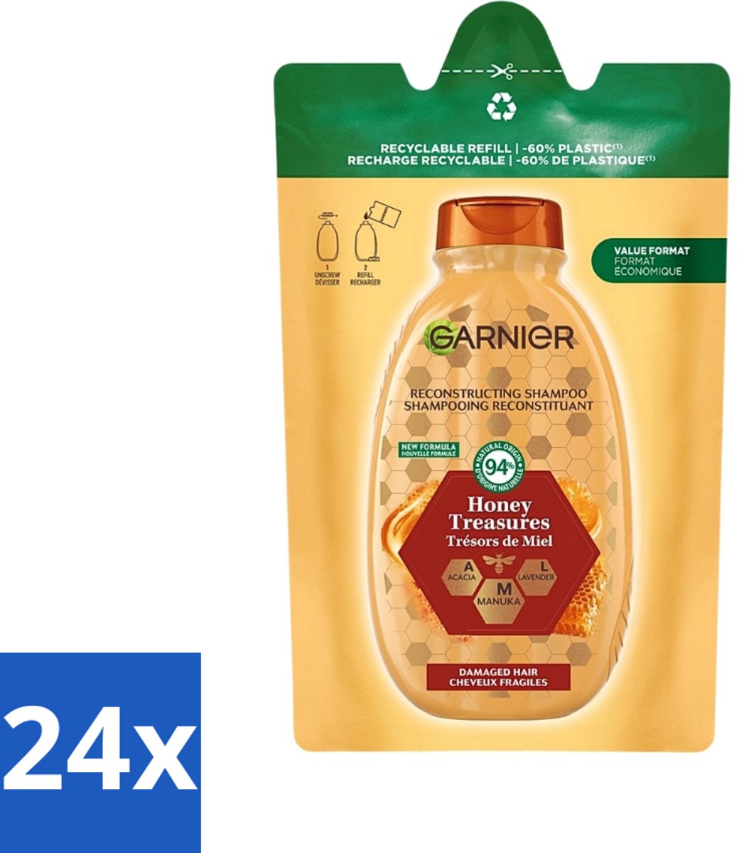 24 x Garnier - Loving Blends - Shampoo Refill - Honing Goud - Beschadigd & Breekbaar Haar - 250 ml - Herstellende Shampoo - Shampoo Voor Beschadigd Haar - Shampoo Voor Breekbaar Haar - Honing Shampoo - Duurzame Shampoo