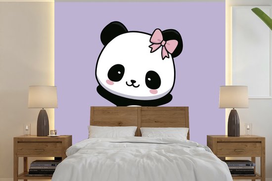 Behang - Fotobehang Panda - Paars - Sierlijk - Kawaii - Breedte 220 cm x hoogte 220 cm