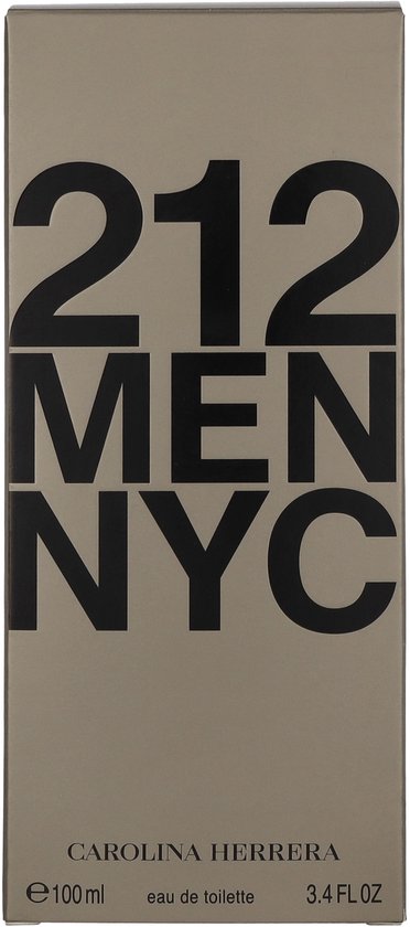 Grijze doos met '212 MEN' en 'Carolina Herrera New York' in zwarte letters.