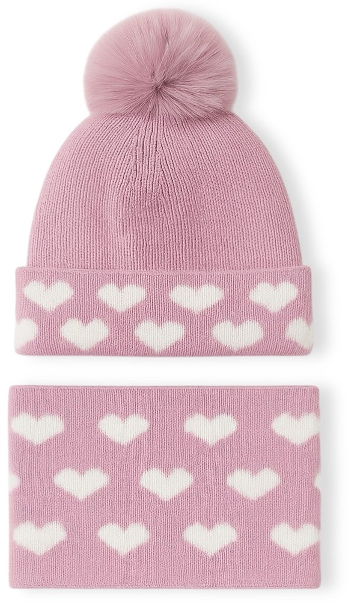 Ultiluxe® Winterset voor kinderen met hartjes print - Paars/lila/wit - 1 tot 3 jaar - 2-delige set voor meisjes - Muts met pom pom en ronde sjaal - Gevoerd met zachte fleece stof - Warm winter setje voor meisjes - Pastel - Beanie - 2 stuks