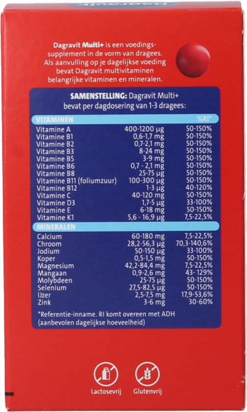 Achterkant verpakking Dagravit Multi+ met samenstelling en ingrediënten. Lactosevrij en glutenvrij.