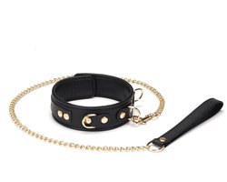 Liebe Seele - Dark Secret - Exclusieve Lederen Collar Met Leiband- Goud Metalen Hardware - Zwart/Goud