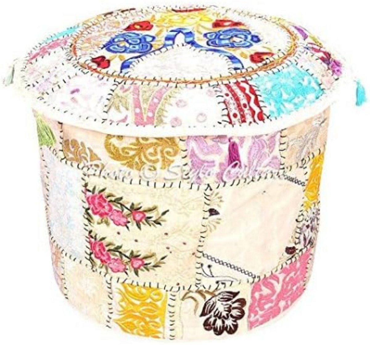 BOG Ottoman Poef Voetenbank Hoes - Grote Witte Indiase Geborduurde Patchwork Katoenen Traditionele Ronde Stoffen Poef Hoes - 55cm - Alleen Hoes