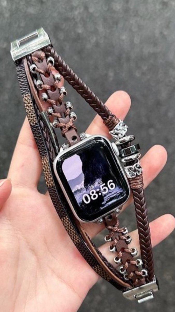 Vintage stoer Applewatch horlogebandje-maat 42-44-45-49 mm - leer met zilverkleurige details- verstelbare metalen sluiting