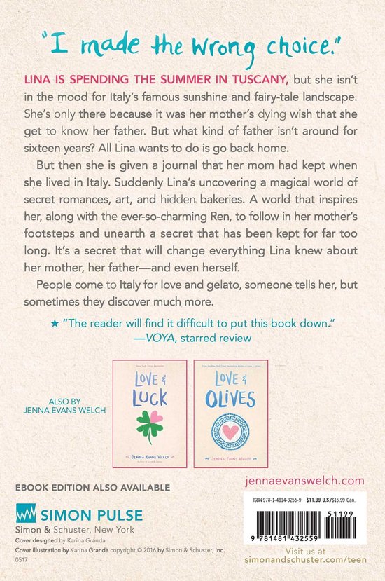 Achterflap van 'Love & Gelato'. Bevat een samenvatting, recensie, boekomslagen van 'Love & Luck' en 'Love & Olives', en een QR-code.