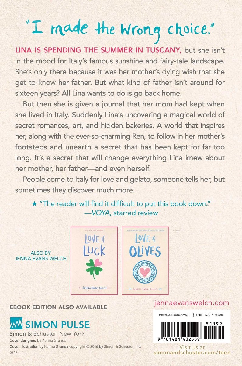 Achterflap van 'Love & Gelato'. Bevat een samenvatting, recensie, boekomslagen van 'Love & Luck' en 'Love & Olives', en een QR-code.