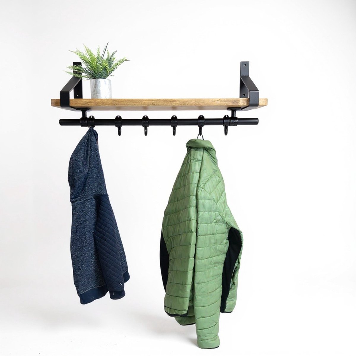 Design85 Wandkapstok met hout Fors 80 cm breed 6 Haken legplank met bruine Wax