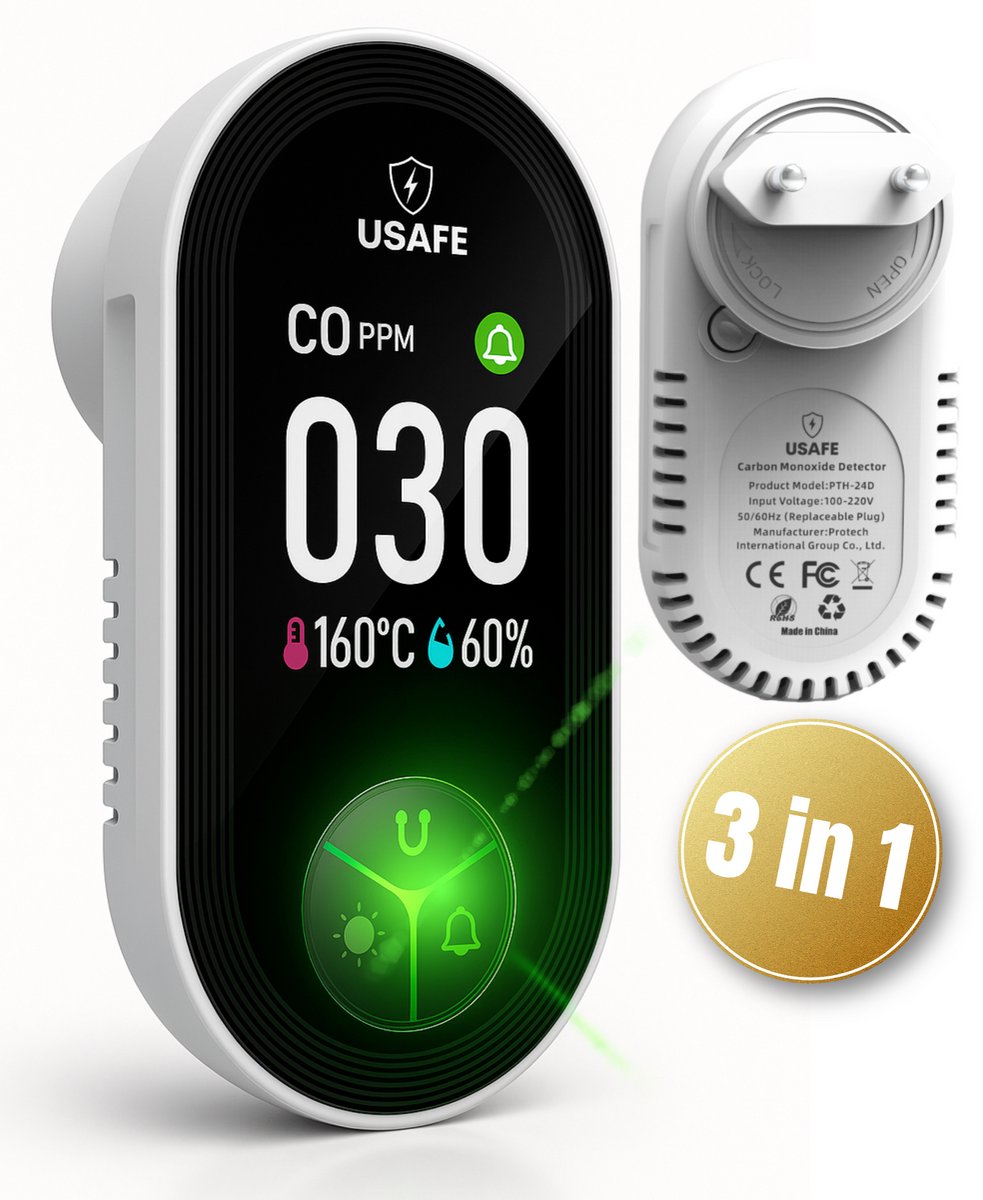 Détecteur De CO Portable 3 En 1 - Rechargeable - Affiche Température Et Humidité - Pour Maison, Camping, Caravane - 4