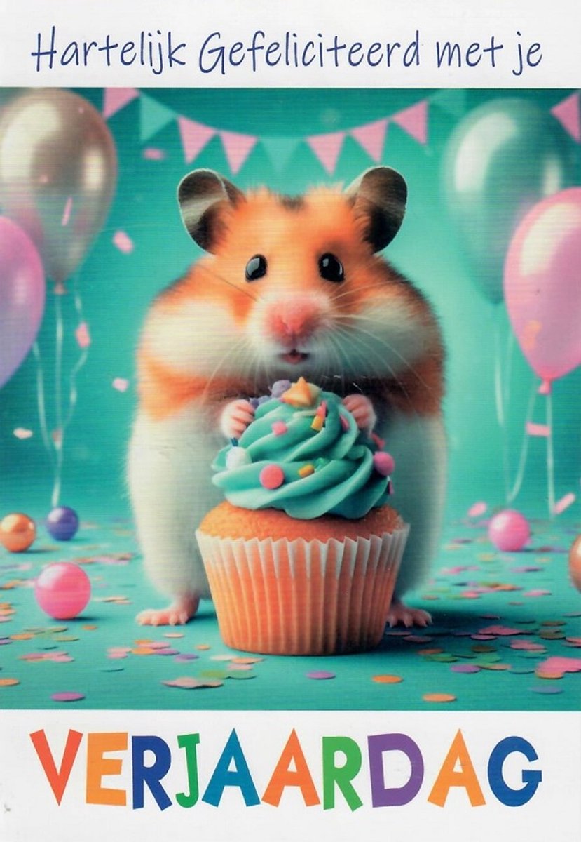 Gefeliciteerd met je verjaardag! Een leuke kaart met een vrolijke hamster die een heerlijk taartje vast heeft. Daar omheen hangen slingers, staan ballonnen en er ligt confetti op te grond. Een dubbele wenskaart inclusief envelop en in folie verpakt.