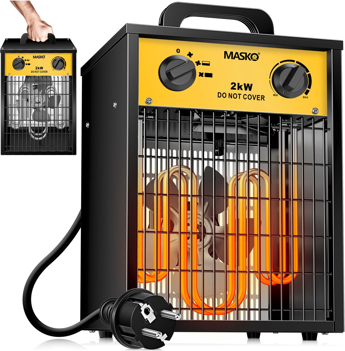 MASKO® Bouwkachel 2kW - Ventilatorkachel voor Binnen- en Buiten Elektrische Kachel Keramische Werkplaatskachel Electrische Verwarming 2000 Watt - Geel