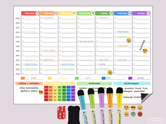 Overzichtelijk: Weekplanner | Familieplanner | Magnetisch & Plakbaar | Voor 5 Personen met eigen Stift | Met Emoji’s, Stiften & Wissers | A3