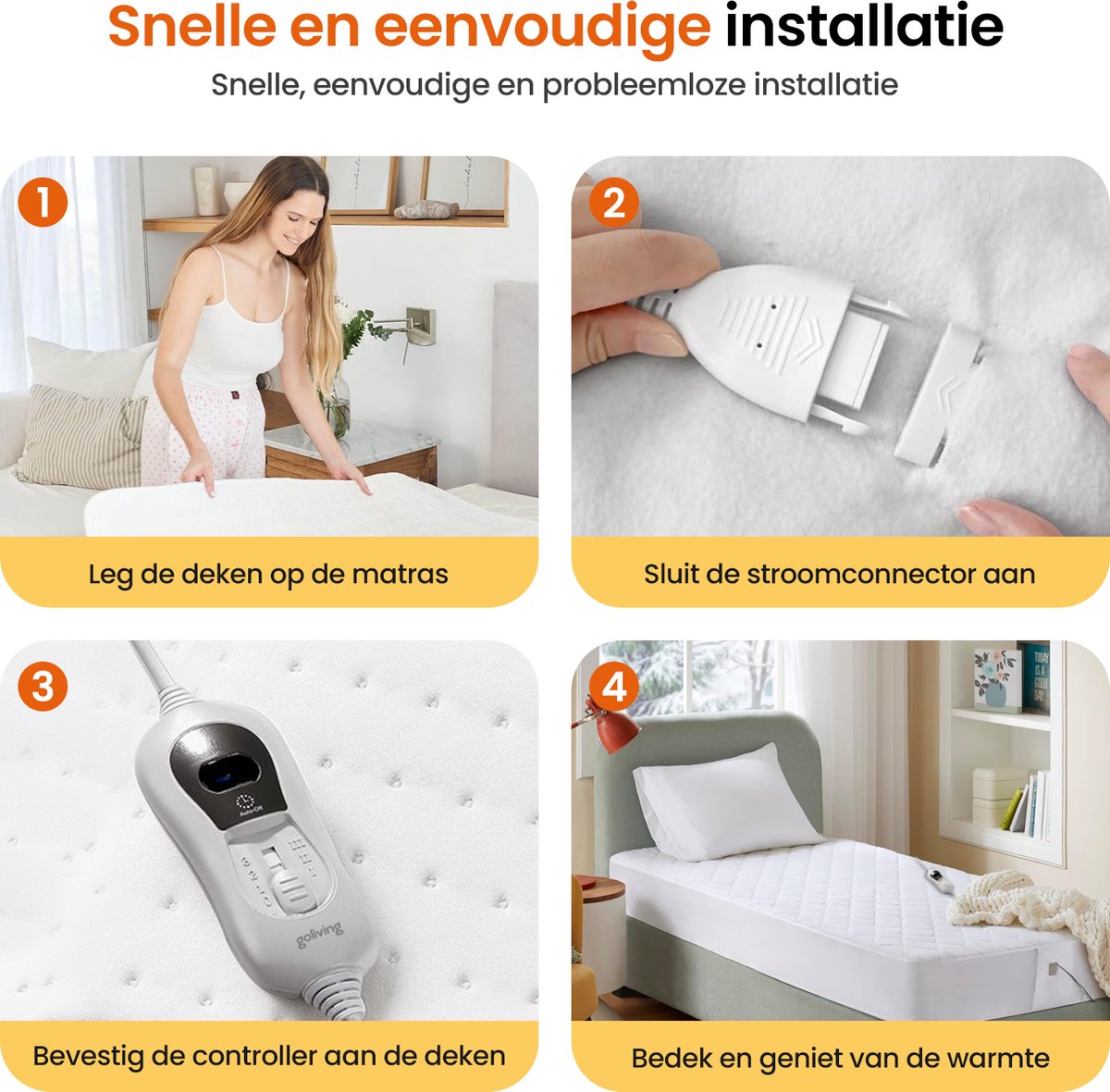 Goliving Elektrische Onderdeken – 1–Persoons – Warmtedeken – Elektrische Deken – 3 Warmtestanden – Timerfunctie – 60 Watt – Polyester – 150 x 80 cm – Wit – foto 4