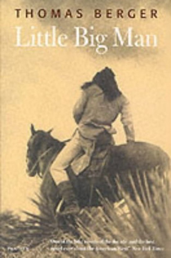 Couverture du livre 'Little Big Man' avec un Amérindien à cheval, en tons sépia.