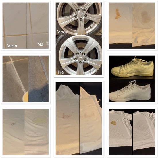Voor-en-na afbeeldingen van schone tegels, velgen, sneakers en witte kleding.