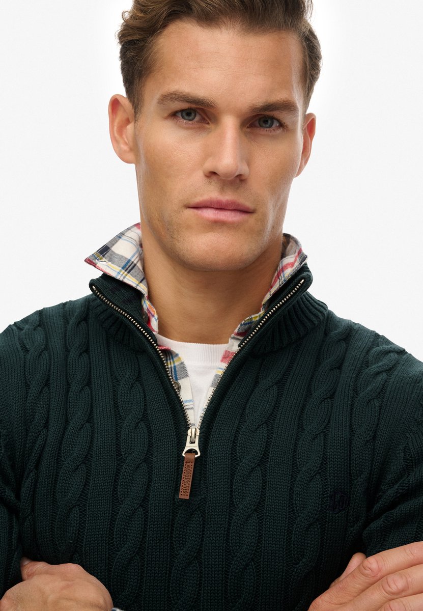 Superdry Biologisch Katoenen Klassieke Kabel Halve Rits Trui Heren Sweaters Groen