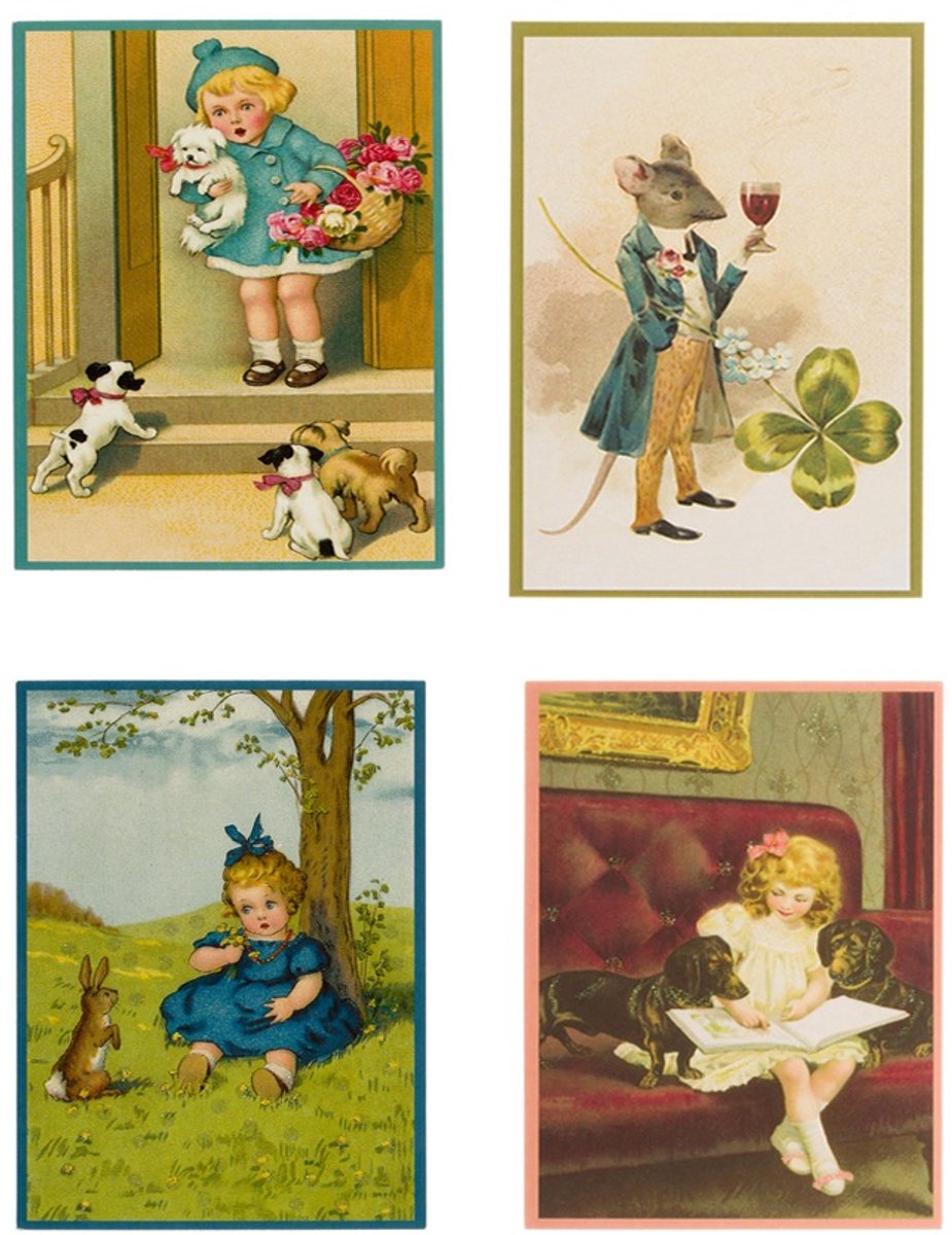 Nostalgische kaarten - 4 stuks - Franz_Josef - Klassieke Vintage afbeeldingen - nostalgische ansichtkaarten - prentbriefkaart - dieren - kinderen - Feestelijk - verjaardag -Oude Brocante briefkaarten
