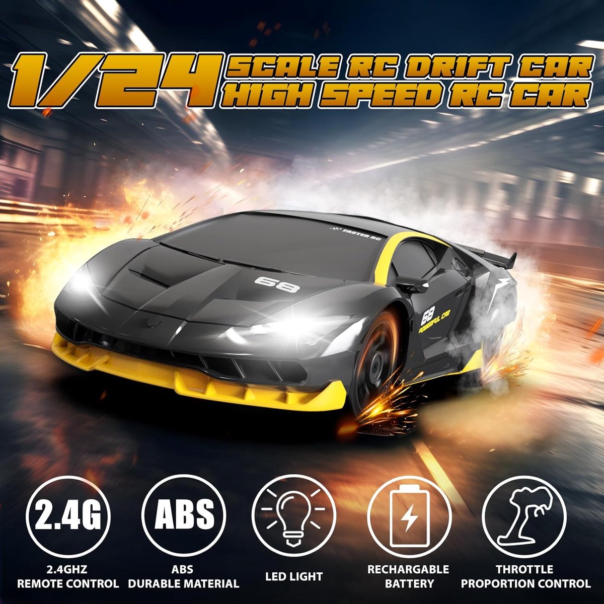 PolkaHome RC Drift Auto 1:24 – Afstandsbestuurbare RC Auto – 4WD – 2 Accu’s – 20 km/h — afbeelding 6