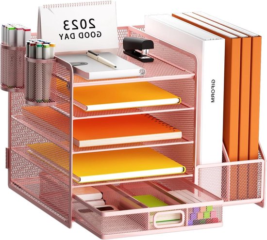 Mesh-bureaubestandsorganizer, 5-laags papieren brievenbakjesorganizer met lade en 2 pennenhouder, A4-papierlade voor thuiskantoor, school