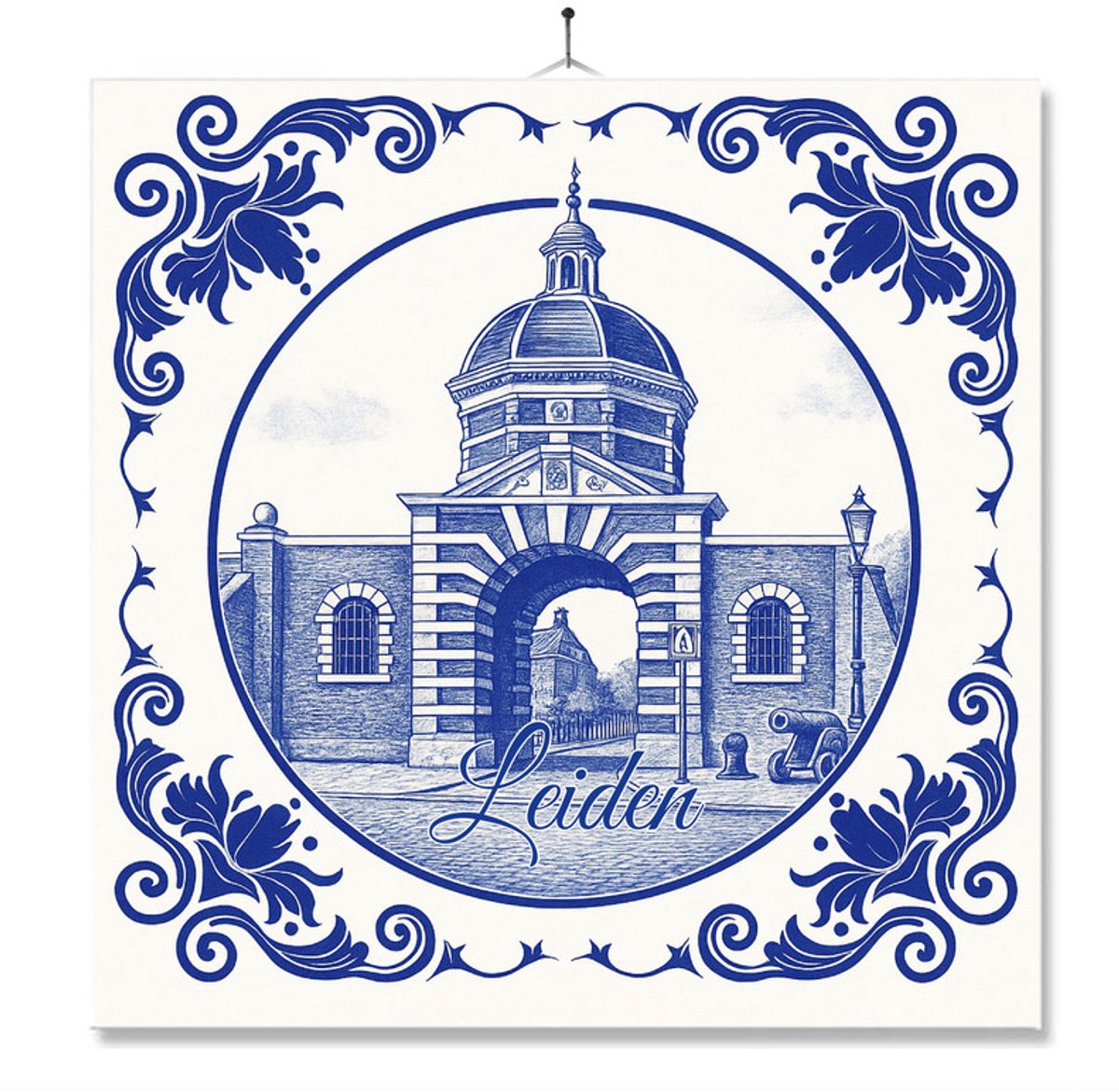 Tegel Met Opdruk | Leiden | Delft Blauw | Cadeau | Inclusief Geschenkdoos | Standaard | Ophangsysteem