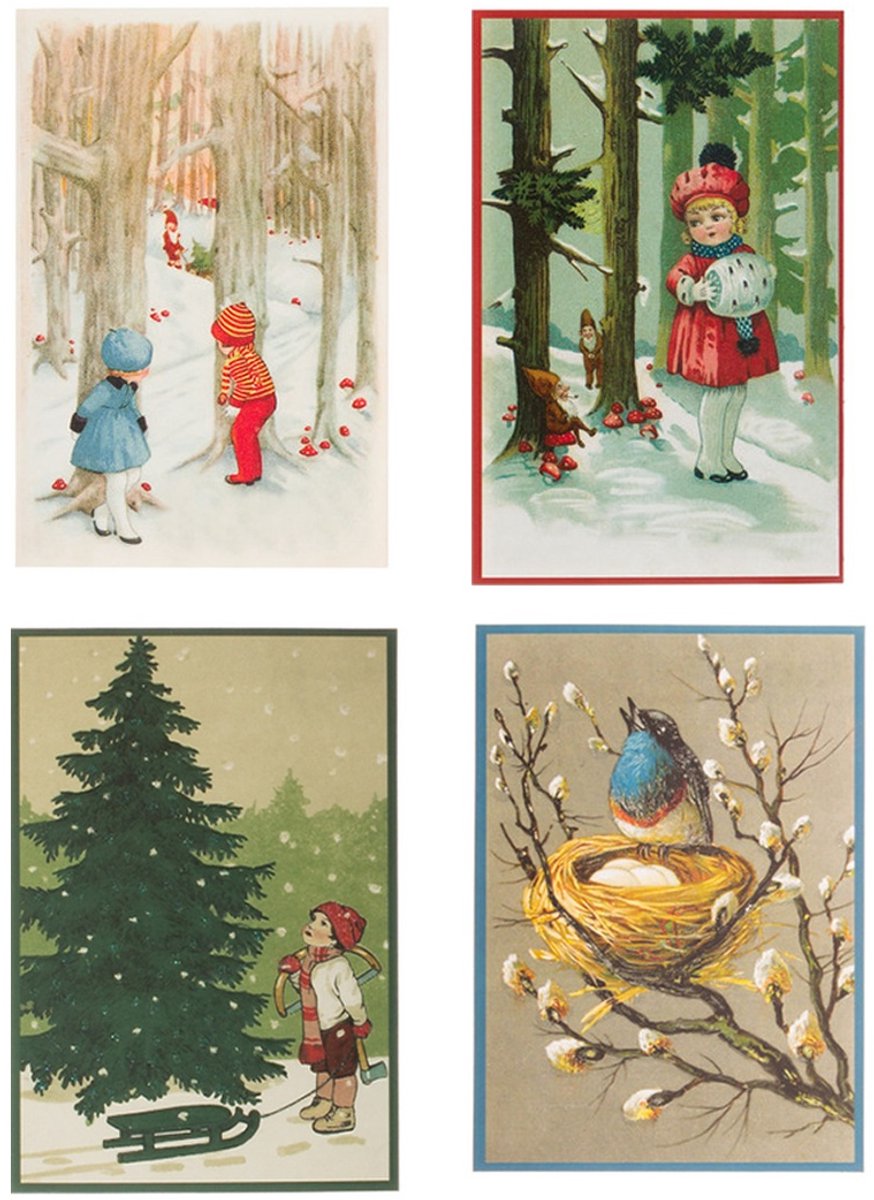 Nostalgische kerstkaarten - 4 stuks - Franz_Josef - Klassieke Vintage afbeeldingen - Winter - Sneeuw - Feestelijk - Jaarwisseling - Oude Brocante kerstkaarten 15X10,5 en 14X9