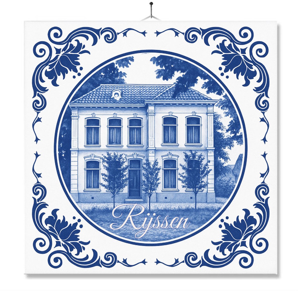 Tegel Met Opdruk | Rijssen | Delft Blauw | Cadeau | Inclusief Geschenkdoos | Standaard | Ophangsysteem