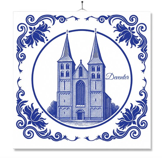 Tegel Met Opdruk | Deventer | Delft Blauw | Cadeau | Inclusief Geschenkdoos | Standaard | Ophangsysteem