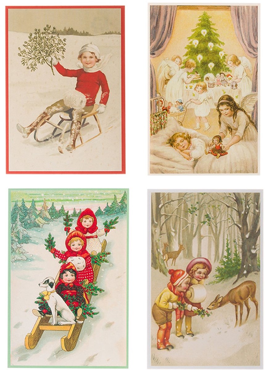 Nostalgische kerstkaarten - 4 stuks - Franz_Josef - Klassieke Vintage afbeeldingen - Winter - Sneeuw - Feestelijk - Jaarwisseling - Oude Brocante kerstkaarten 15X10,5 en 14X9