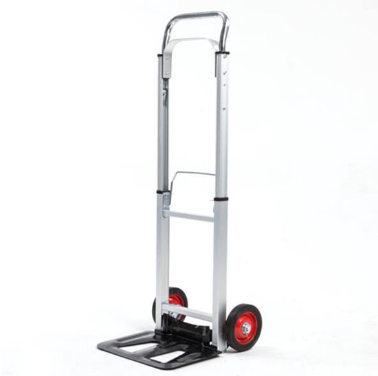 Aluminium steekwagen met zilverkleurige handgreep en zwarte/rode wielen.