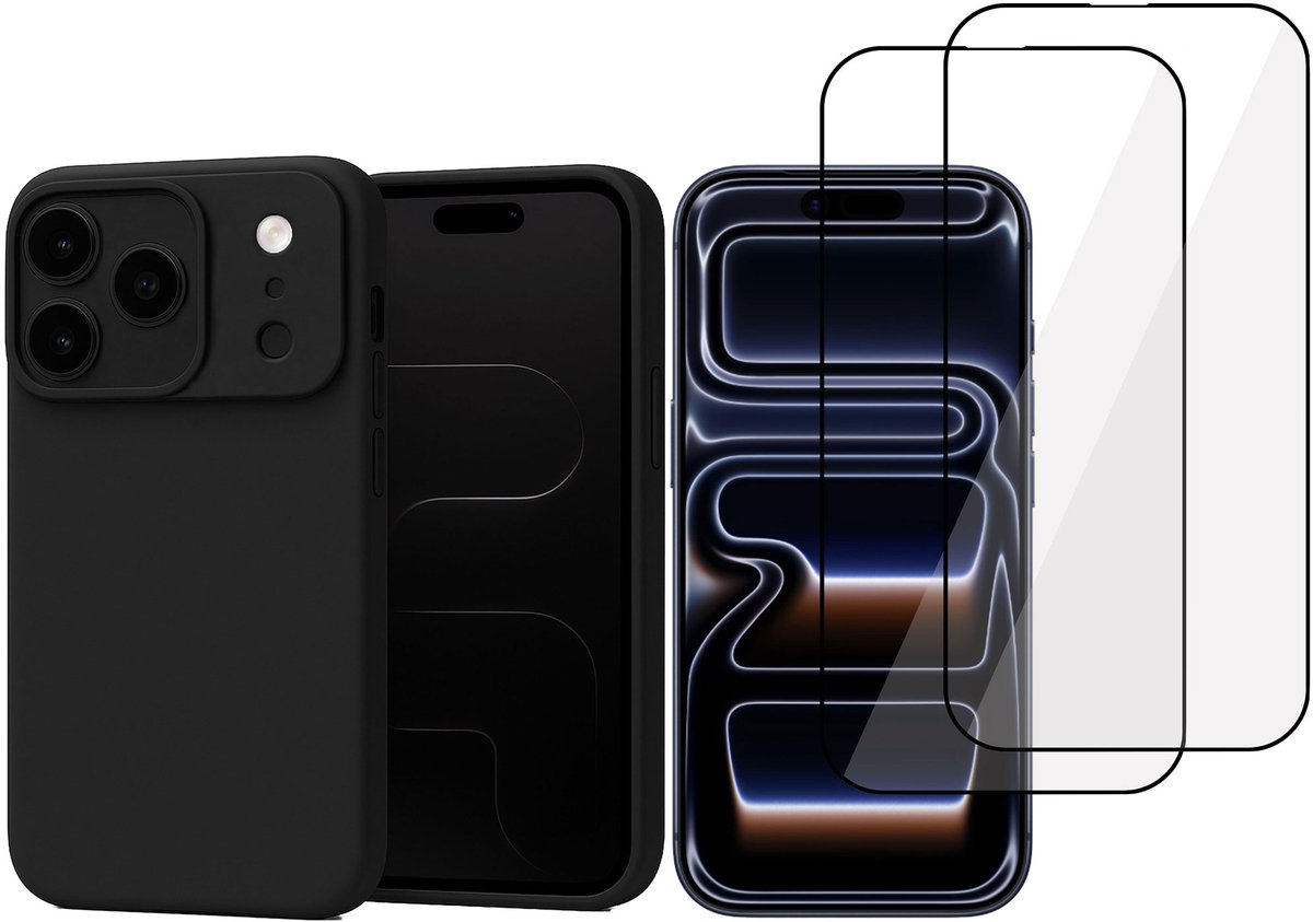 Technow hoesje + 2x Screenprotector geschikt voor iPhone 17 Pro – Full Screen Tempered Glass - Liquid Back Case - Cover - Zwart