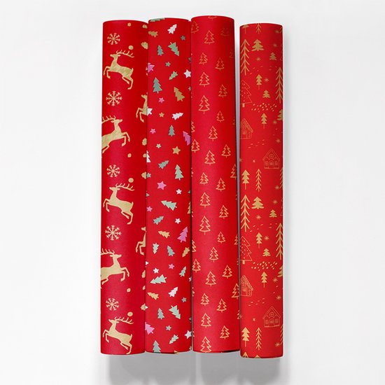 Inpakpapier kerst - Red X-mas design - 4 rollen van 1,5m x 70cm - Feestelijk kerstcadeaupapier