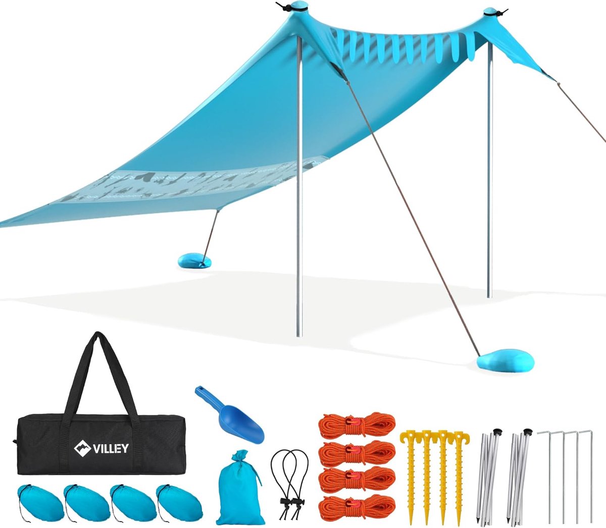 Strandtent Draagbare Zonnescherm Zonnedak Zonnenschuilplaats UPF50+ 24 m x 2 m met 2 Aluminium Palen en Opbergtas Voor Strand Camping Blauw - Geschikt voor 1-3 Personen