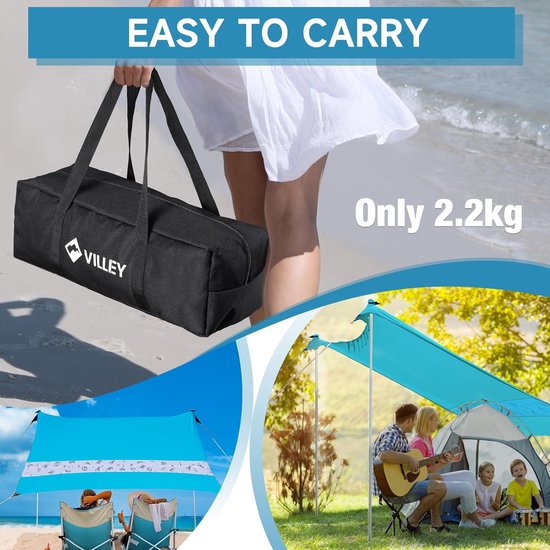 Strandtent Draagbare Zonnescherm Zonnedak Zonnenschuilplaats UPF50+ 24 m x 2 m met 2 Aluminium Palen en Opbergtas Voor Strand Camping Blauw - Geschikt voor 1-3 Personen van Merkloos — afbeelding 2