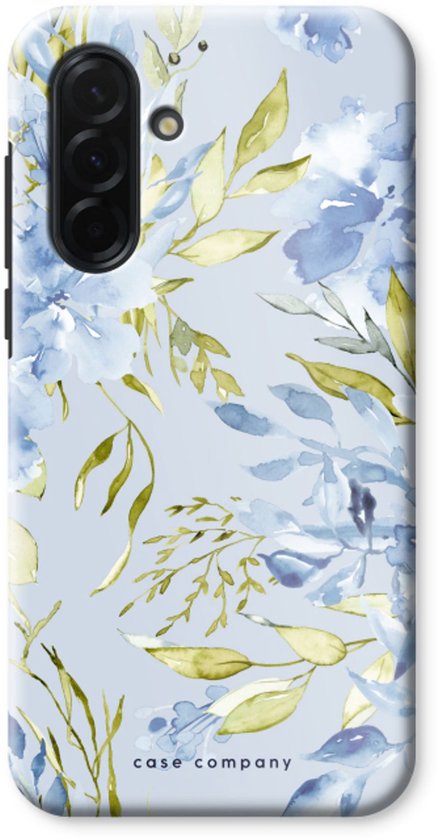 Telefoonhoesje met een lichtblauwe achtergrond en aquarel bloemen en bladeren in blauw en groen.