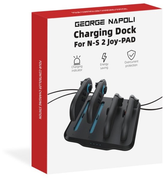 Verpakking van het George Napoli laaddock voor 4 N-S 2 Joy-PAD controllers, met "charging indicator", "energy saving", "overcurrent protection".