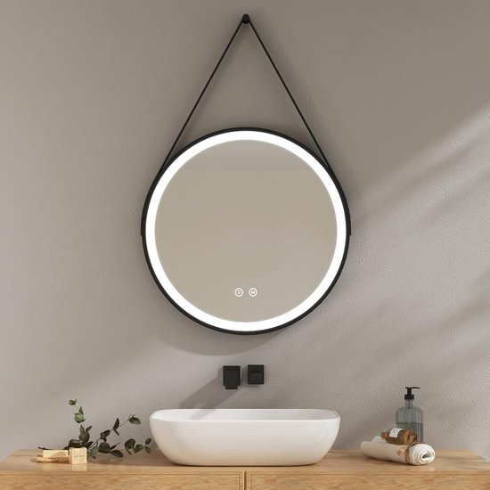 STARLEAD Zwarte spiegel - ovaal - badkamer - LED-lamp 90 x 60 cm, Bluetooth, anti-condens, dimbaar, 3 lichtkleuren, geheugen, gehard glas, IP44, horizontaal/verticaal, niet-metalen frame