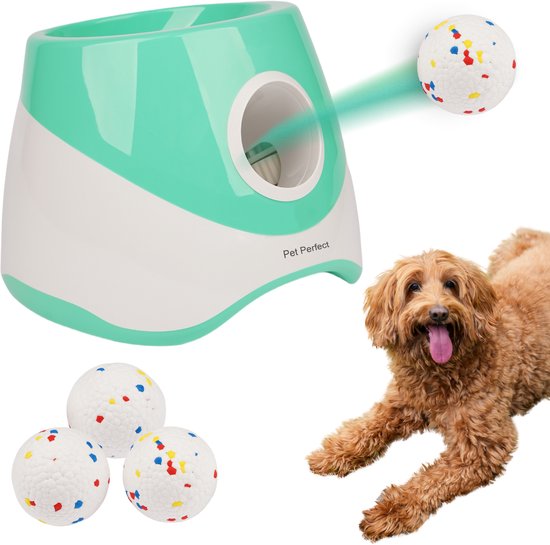 Lanceur de balles automatique Pet Perfect M - Jouet pour chien - Rechargeable - Comprend 3 balles en ETPU - 3 distances de lancer - Vert