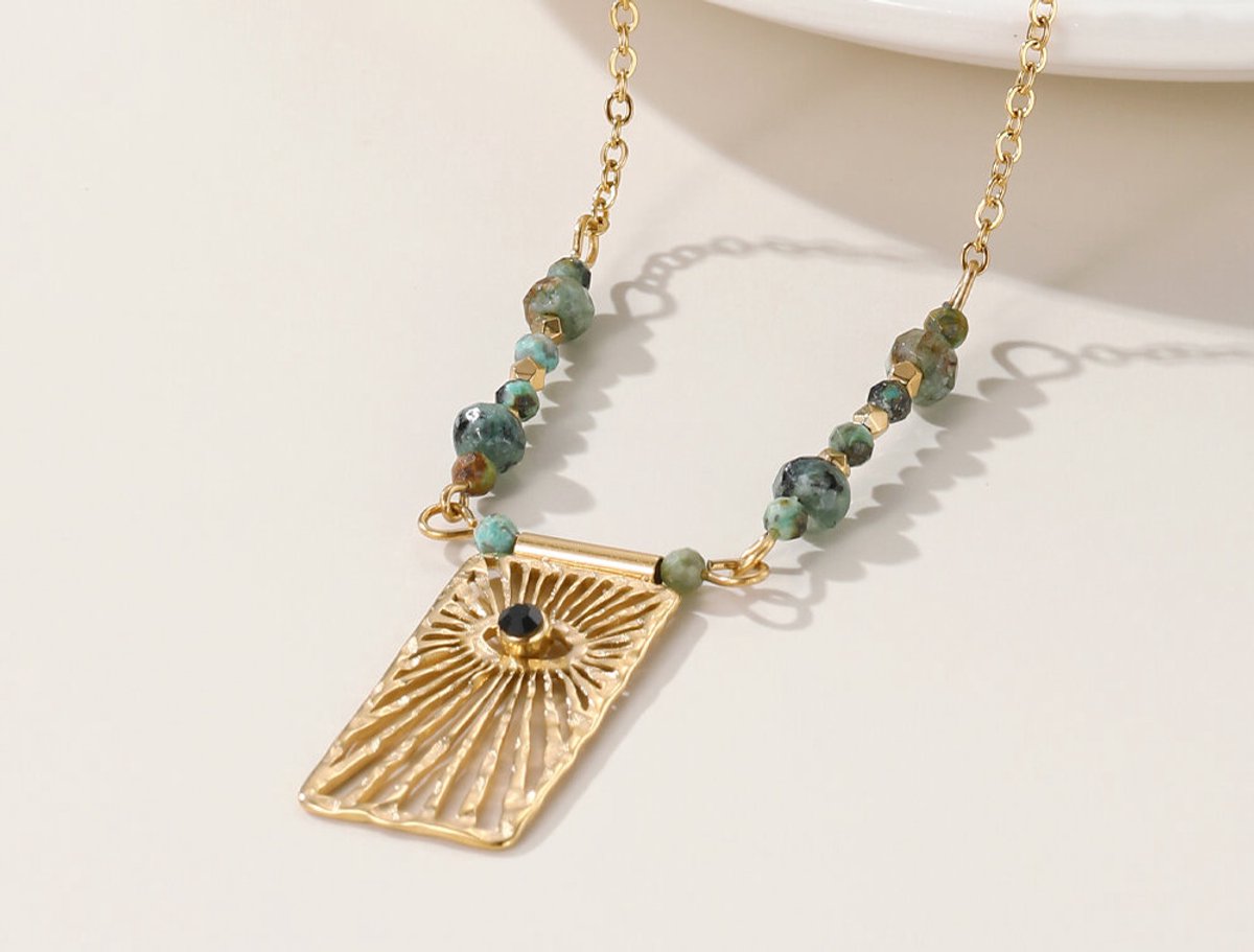 Ketting goud met groene steentjes - oog - 14 karaat goud plating