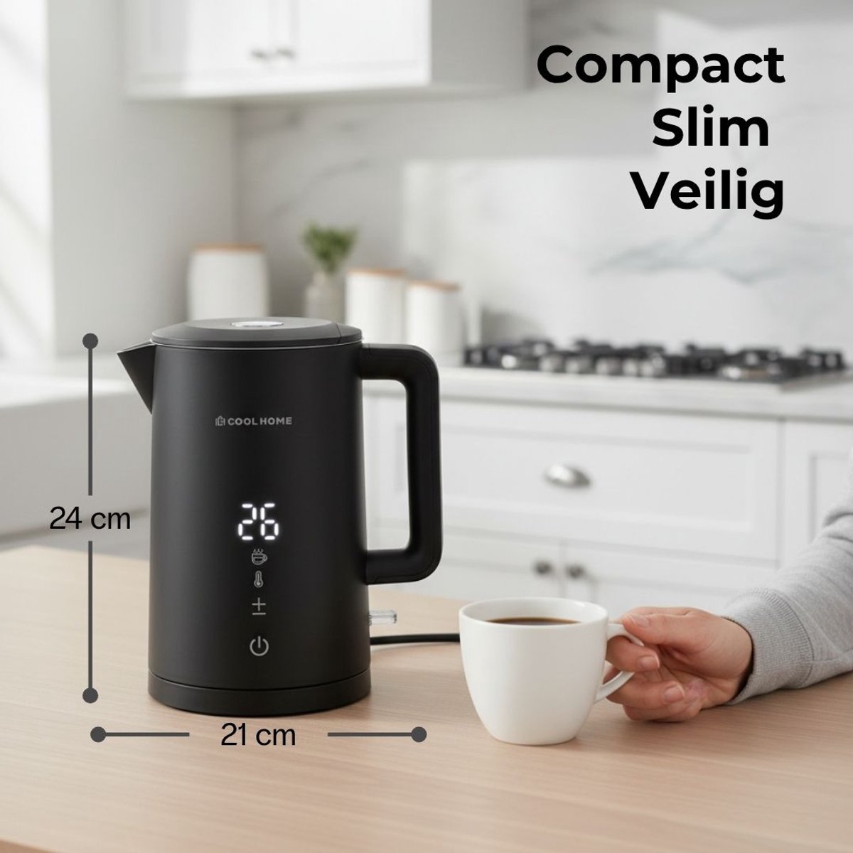 CoolHome WB25 Waterkoker - dubbelwandige waterkoker - 2200W - Warmteregelaar functie - Zwart — afbeelding 6