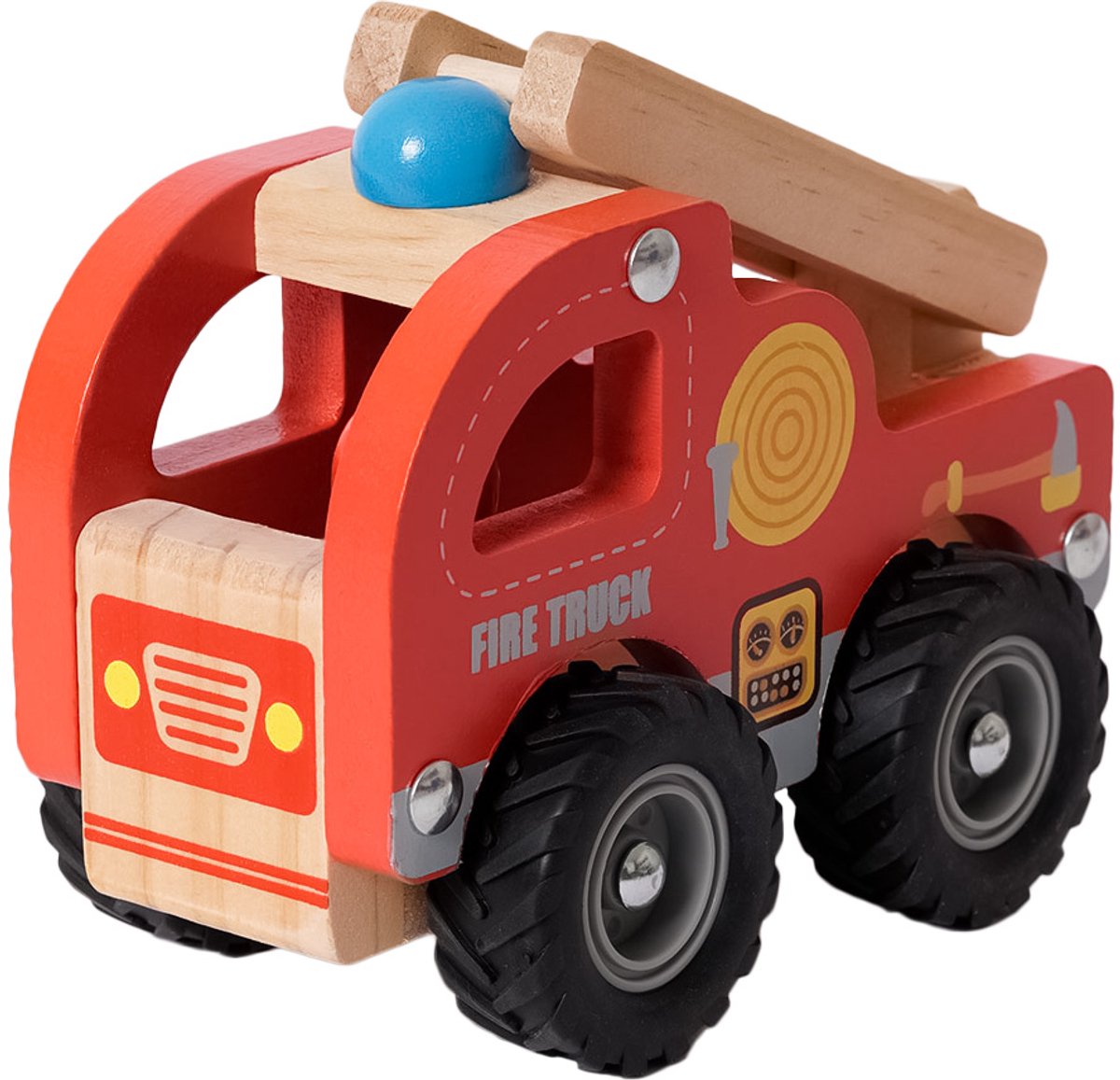Speelgoedtopdeals - Houten Brandweerwagen met ladder - Speelgoedauto voor kinderen - Rubberen wielen