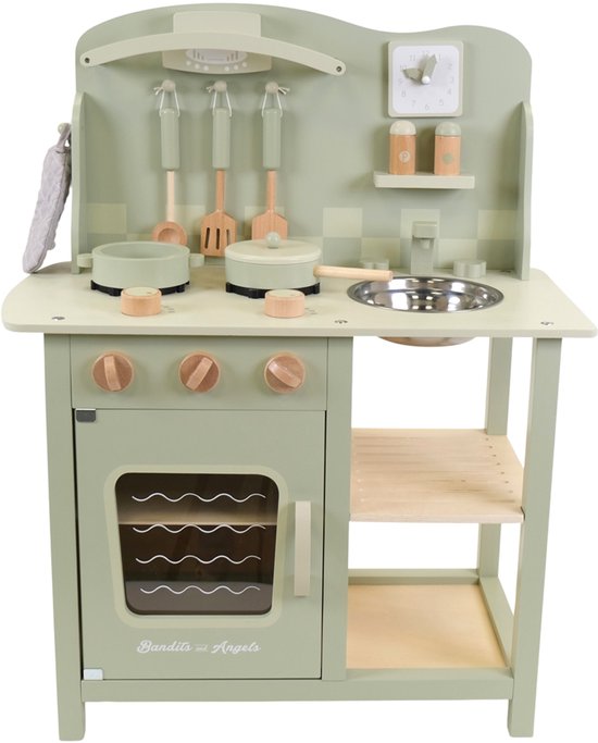 Bandits & Angels Houten Kinderkeuken Chef Deluxe Green vanaf 2 jaar voor Jongens en Meisjes - Aanrechthoogte 46 cm - incl. 8 Accessoires - Kinder Keuken Groen - Keukentje Hout