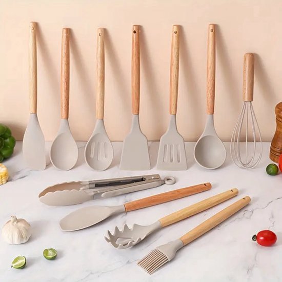 Pakket van 4 siliconen kookgerei set, antiaanbaklaag vaste spatels en hittebestendige schep met houten handgreep, ideaal houten keukengerei set voor frituren, serveren, draaien, roeren (Kaki