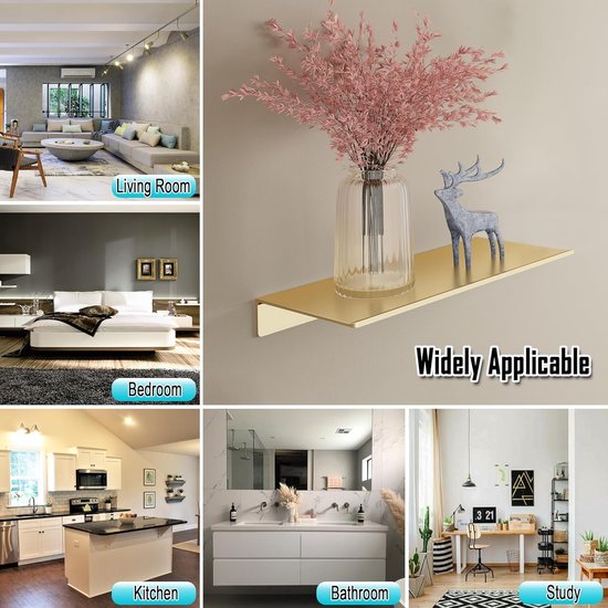 Collage van een gouden zwevende plank met decoraties in woonkamer, slaapkamer, keuken, badkamer en studeerkamer.
