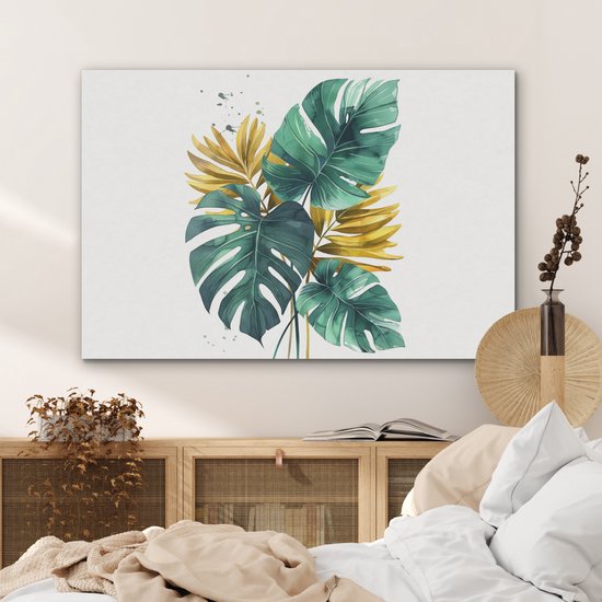 Akoestisch wandpaneel 100x70 cm - Vilt schilderij Bladeren - Monstera - Groen - Goud - Modern - Akoestische panelen - Geluidsdempende wanddecoratie - Geluidsisolatie woonkamer - Muurdecoratie geluidspanelen