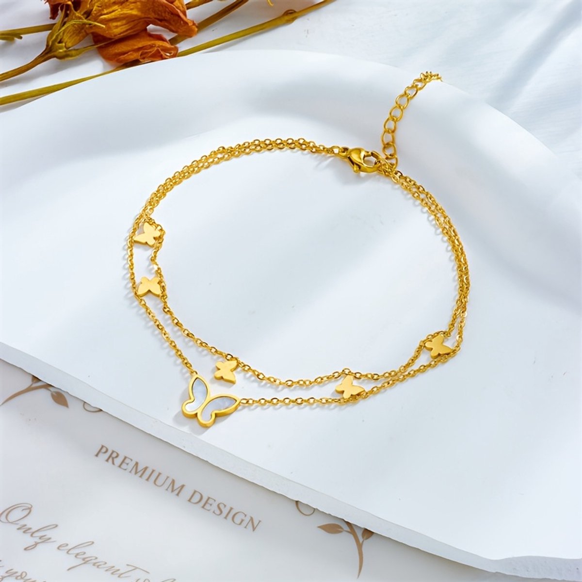 Sjika - Trendy Enkelbandje Dames – 18K Gold Plated Dubbele Enkelketting met Vlinderbedel - Cadeau