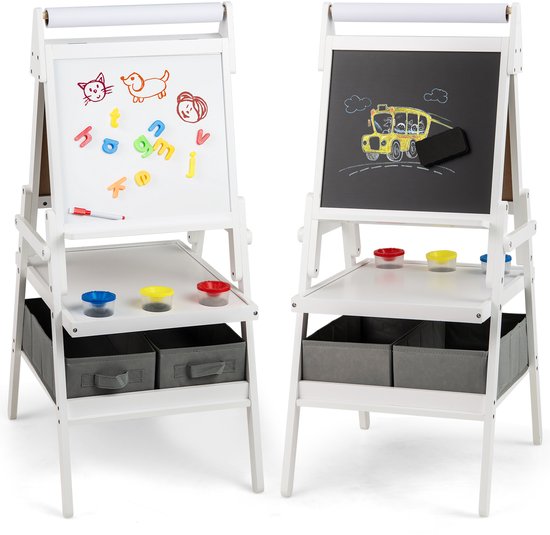 Foto: Costway 3 in 1 schoolbord voor kinderen dubbelzijdig kinderbord met papierrol magnetisch krijtbord en whiteboard incl 3 gekleurde bekers en 2 dozen schildersezel voor kinderen vanaf 3 jaar wit 