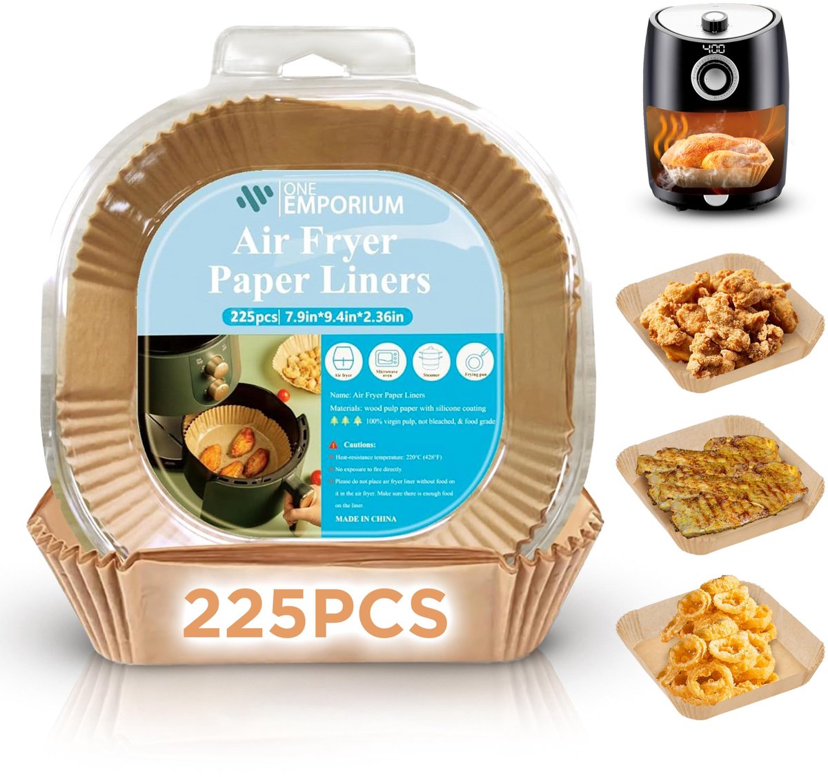 ONE Emporium airfryer papieren liners – 225 stuks – Ø 20 cm – vetvrij & hittebestendig (tot 230 °C) – geschikt voor Ninja/Cosori/Tower