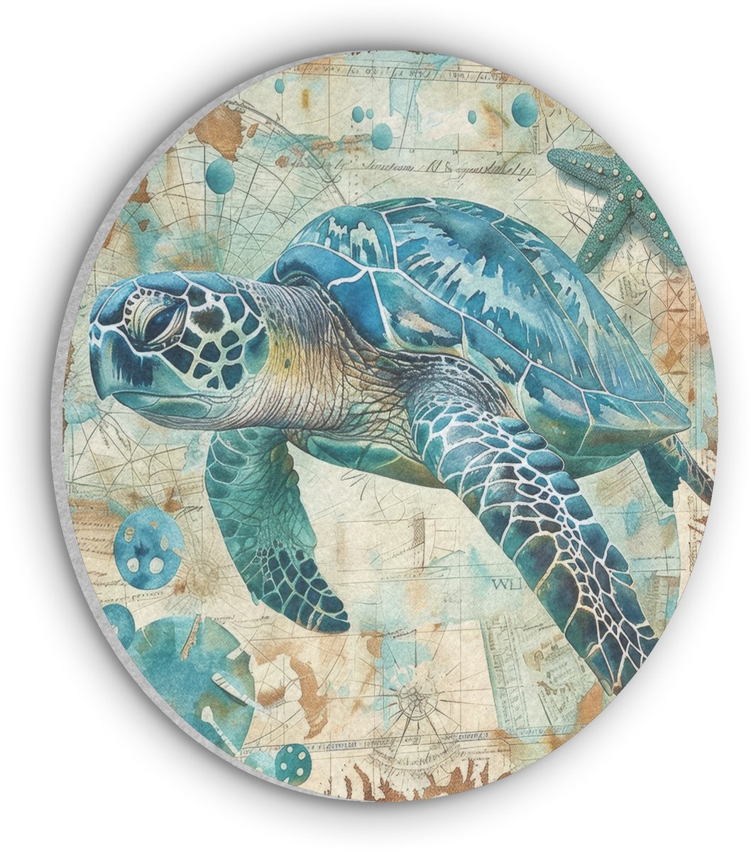 Akoestisch wandpaneel rond 70x70 cm - Vilt schilderij Vintage - Schildpad - Zeedieren - Watercolor - Ronde akoestische panelen - Geluidsdempende wanddecoratie - Geluidsisolatie wandcirkel - Muurdecoratie geluidspanelen
